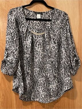 Mandy Evans Black & White Animal-Print Blouse with Gold Neck Bar